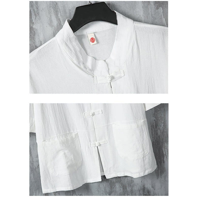 Buddha Stones Solid Color Tang Suit Frog-Button Design Men's Half Sleeve Linen Shirt With Pockets - image 5
