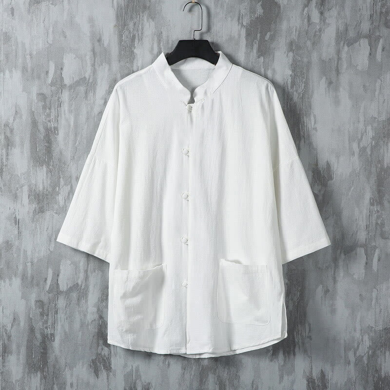 Buddha Stones Summer Solid Color Tang Suit Design Men's Half Sleeve Linen Shirt With Pockets - White - US/UK/AU46，EU56 (5XL) - image 2