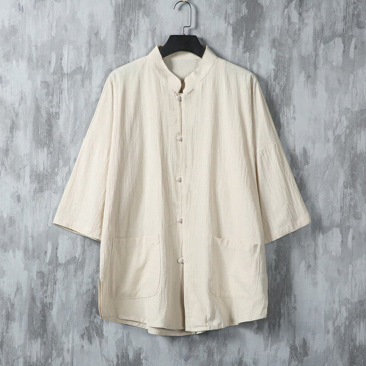 Buddha Stones Summer Solid Color Tang Suit Design Men's Half Sleeve Linen Shirt With Pockets