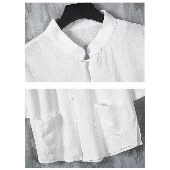 Buddha Stones Summer Solid Color Tang Suit Design Men's Half Sleeve Linen Shirt With Pockets - image 5