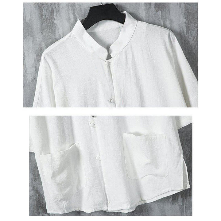 Buddha Stones Summer Solid Color Tang Suit Design Men's Half Sleeve Linen Shirt With Pockets - image 4