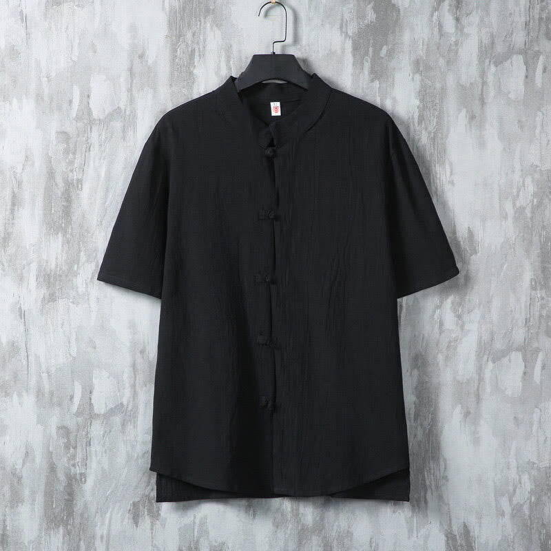 Buddha Stones Summer Plain Tang Suit Frog-Button Design Men's Short Sleeve Cotton Shirt - Black - US/UK/AU46，EU56 (5XL) - image 7