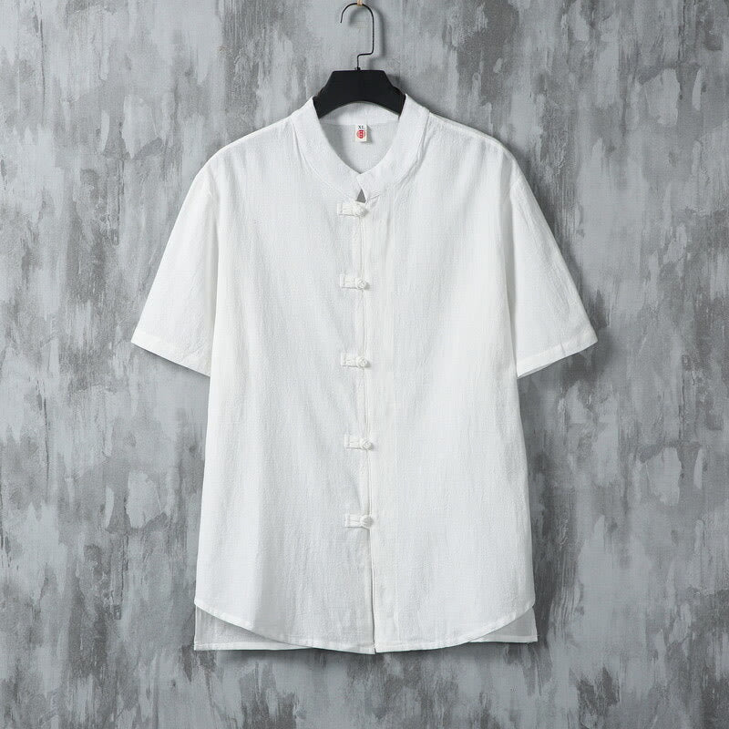 Buddha Stones Summer Plain Tang Suit Frog-Button Design Men's Short Sleeve Cotton Shirt - White - US/UK/AU46，EU56 (5XL) - image 2