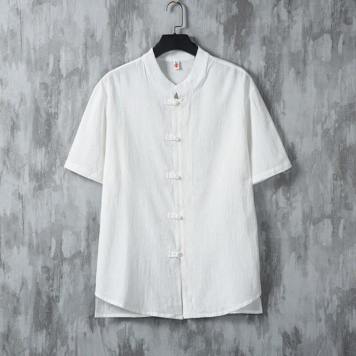 Buddha Stones Summer Plain Tang Suit Frog-Button Design Men's Short Sleeve Cotton Shirt - White - US/UK/AU46，EU56 (5XL) - image 2