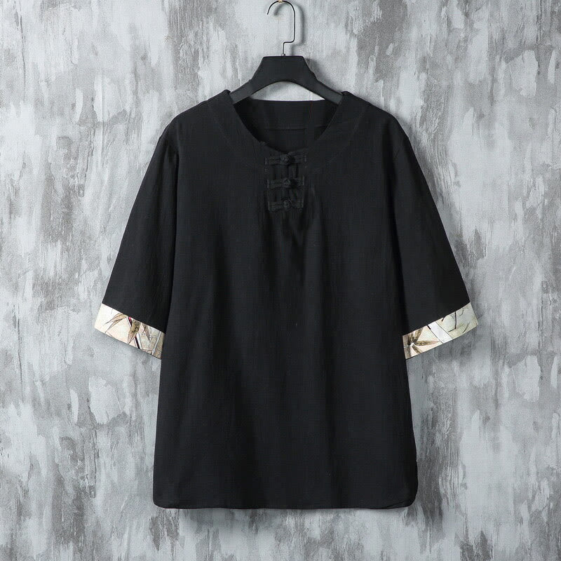 Buddha Stones Summer Frog-Button Yellow Bamboo Leaves Half Sleeve Men's Linen Shirt - Black - US/UK/AU46，EU56 (5XL) - image 6