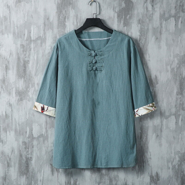 Buddha Stones Summer Frog-Button Yellow Bamboo Leaves Half Sleeve Men's Linen Shirt - DarkCyan - US/UK/AU46，EU56 (5XL) - image 0