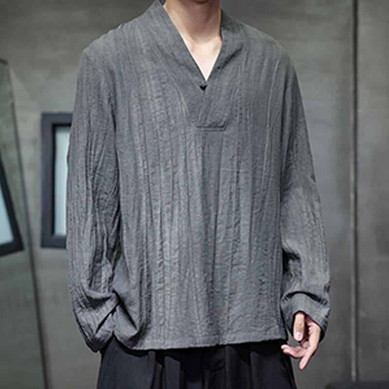 Buddha Stones Plain V-Neck Long Sleeve Men's Linen Shirt - image 7