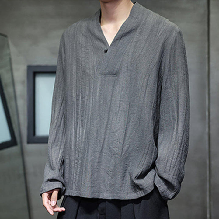 Buddha Stones Plain V-Neck Long Sleeve Men's Linen Shirt - image 4