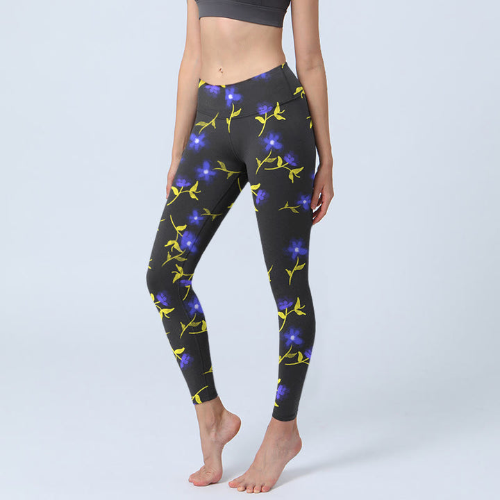 Buddha Stones Blue Flower Leaves Pattern Print Gym Leggings Women's Yoga Pants - Black - US18，UK/AU22，EU50 (4XL) - image 0