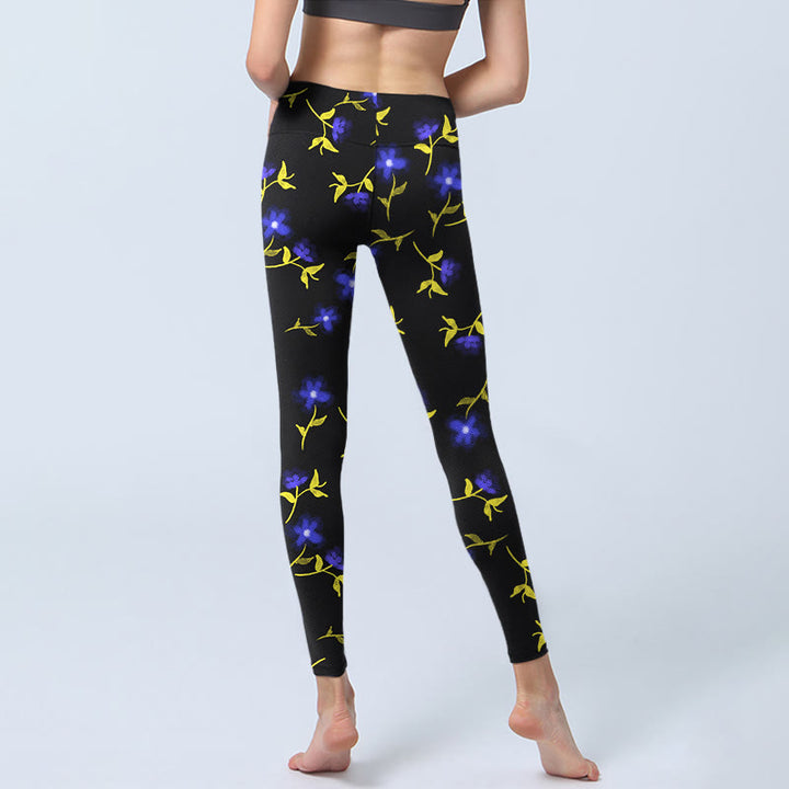 Buddha Stones Blue Flower Leaves Pattern Print Gym Leggings Women's Yoga Pants - image 7