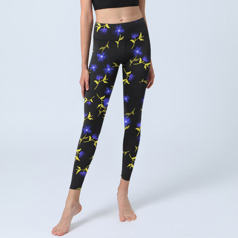 Buddha Stones Blue Flower Leaves Pattern Print Gym Leggings Women's Yoga Pants - image 6