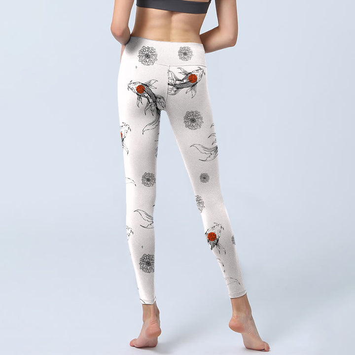 Buddha Stones Koi Fish Chrysanthemum Pattern Print Gym Leggings Women's Yoga Pants - image 6