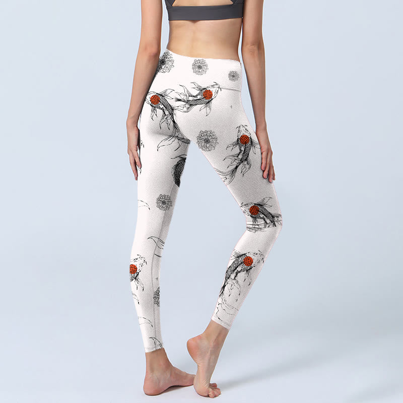 Buddha Stones Koi Fish Chrysanthemum Pattern Print Gym Leggings Women's Yoga Pants - image 3