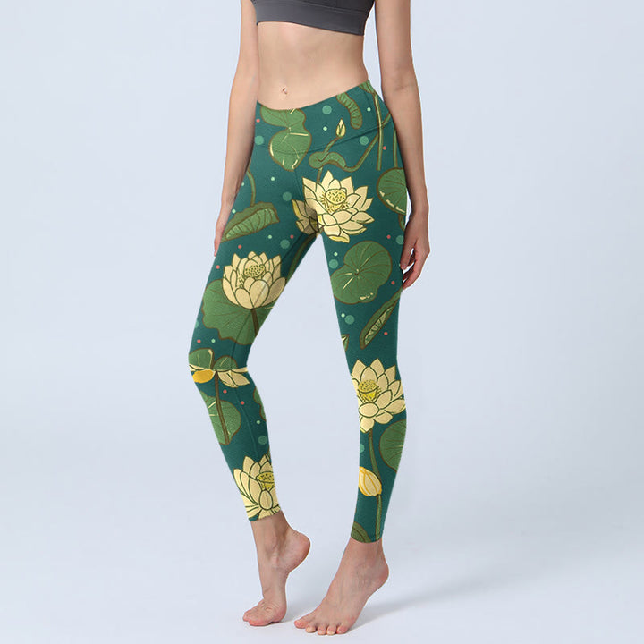 Buddha Stones Blooming Lotus Flower Lotus Leaves Pattern Print Gym Leggings Women's Yoga Pants - ForestGreen - US18，UK/AU22，EU50 (4XL) - image 0