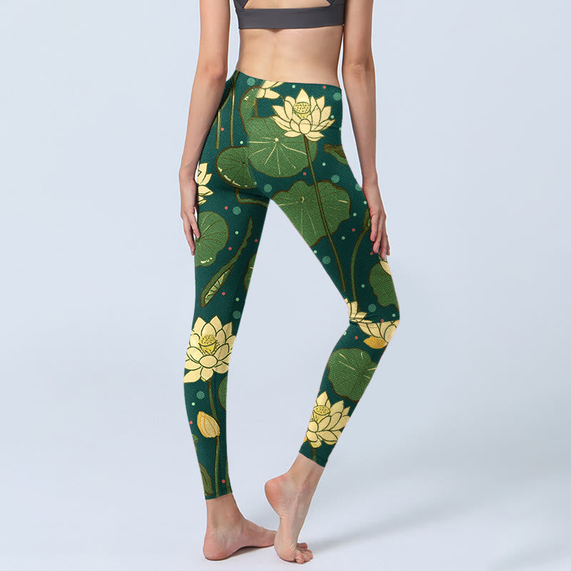 Buddha Stones Blooming Lotus Flower Lotus Leaves Pattern Print Gym Leggings Women's Yoga Pants - image 4