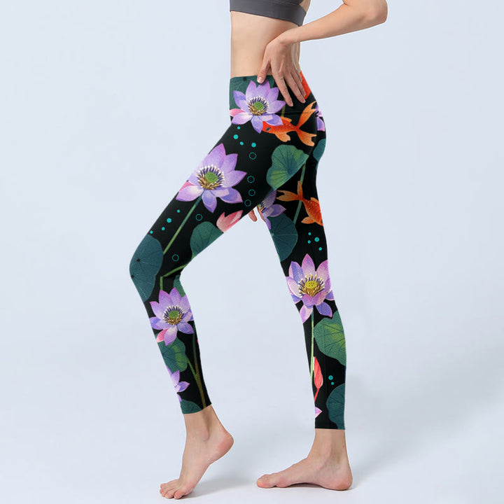 Buddha Stones Blooming Light Purple Lotus Flower Lotus Leaves Koi Fish Pattern Print Gym Leggings Women's Yoga Pants - image 2