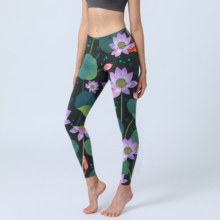 Buddha Stones Blooming Light Purple Lotus Flower Lotus Leaves Koi Fish Pattern Print Gym Leggings Women's Yoga Pants - Black - US18，UK/AU22，EU50 (4XL) - image 0
