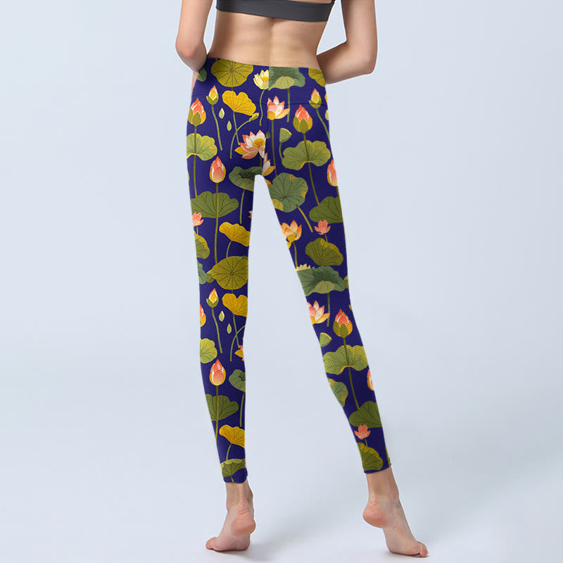 Buddha Stones Blooming Pink White Lotus Flower Lotus Leaves Pattern Print Gym Leggings Women's Yoga Pants - image 7