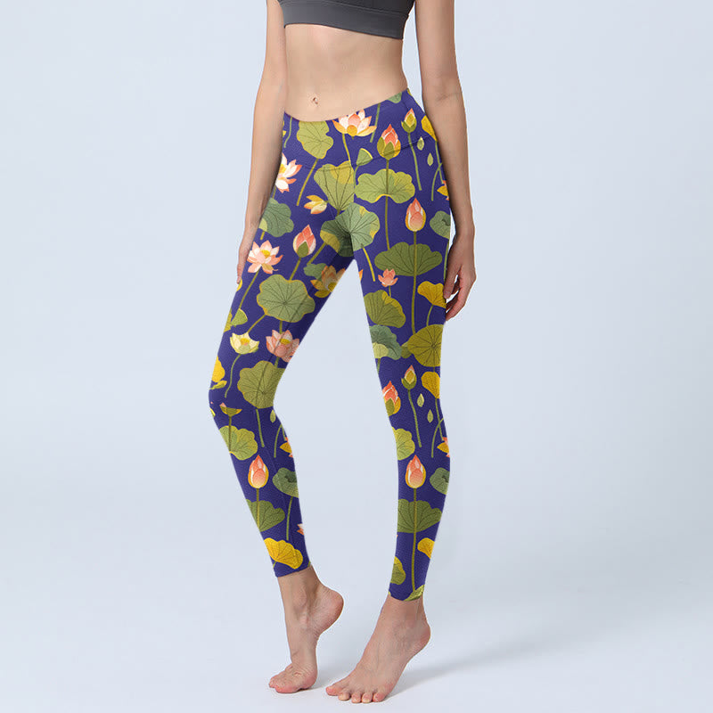 Buddha Stones Blooming Pink White Lotus Flower Lotus Leaves Pattern Print Gym Leggings Women's Yoga Pants - DarkBlue - US18，UK/AU22，EU50 (4XL) - image 0