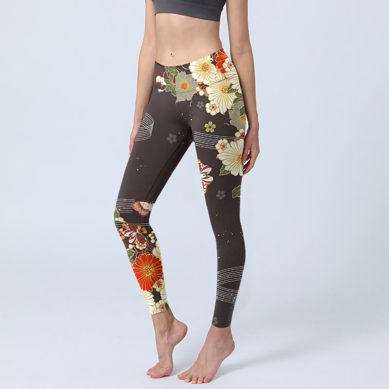 Buddha Stones Floral Butterfly Pattern Print Gym Leggings Women's Yoga Pants - SaddleBrown - US18，UK/AU22，EU50 (4XL) - image 0