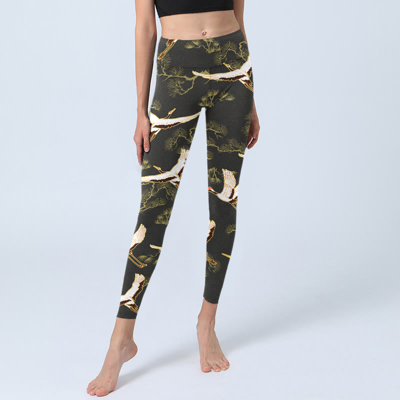 Buddha Stones Soaring Crane Pine Tree Pattern Print Gym Leggings Women's Yoga Pants - image 5