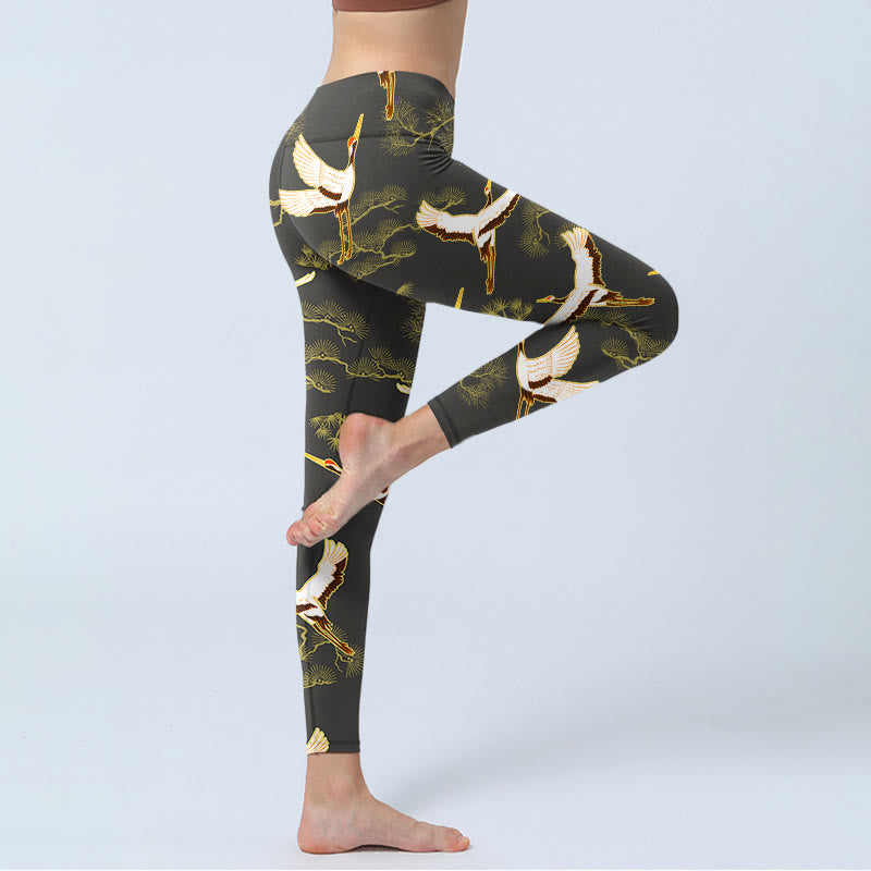 Buddha Stones Soaring Crane Pine Tree Pattern Print Gym Leggings Women's Yoga Pants - image 4