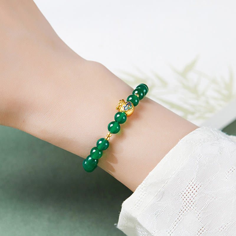 Buddha Stones 999 Sterling Silver Lucky Bag Green Chalcedony Calm Bracelet
