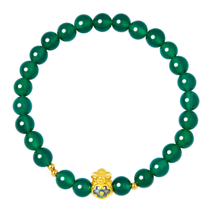 Buddha Stones 999 Sterling Silver Lucky Bag Green Chalcedony Calm Bracelet