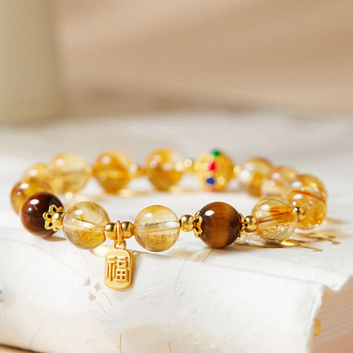 Buddha Stones 925 Sterling Silver Fu Character Citrine Tiger Eye Protection Bracelet - image 2