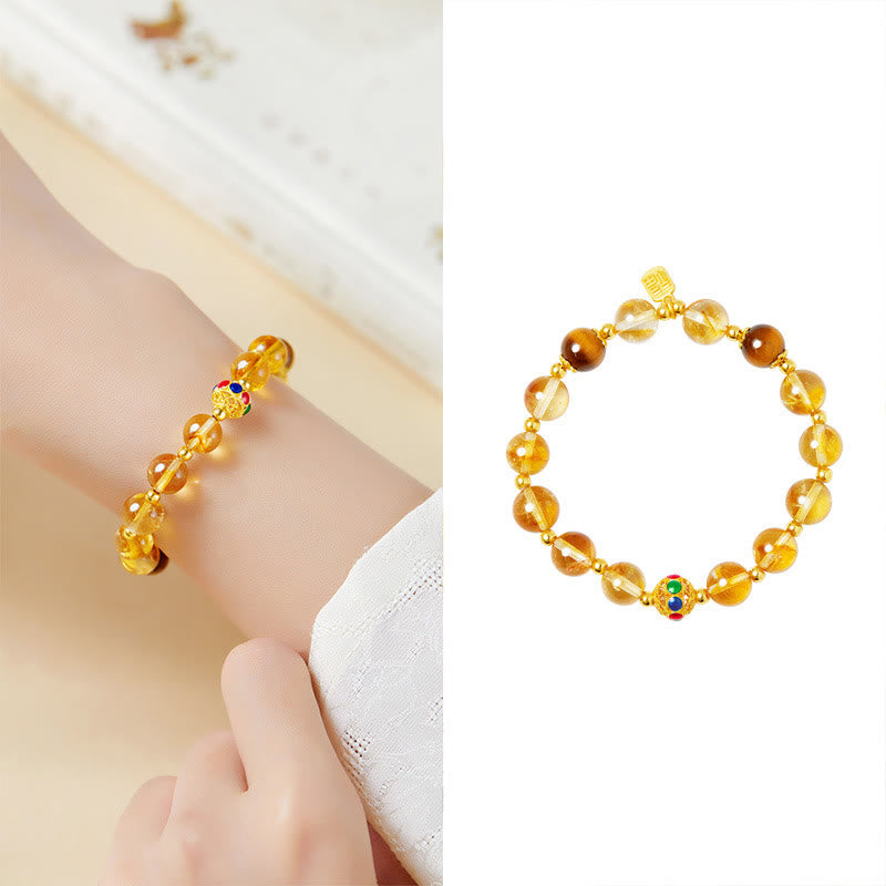 Buddha Stones 925 Sterling Silver Fu Character Citrine Tiger Eye Protection Bracelet