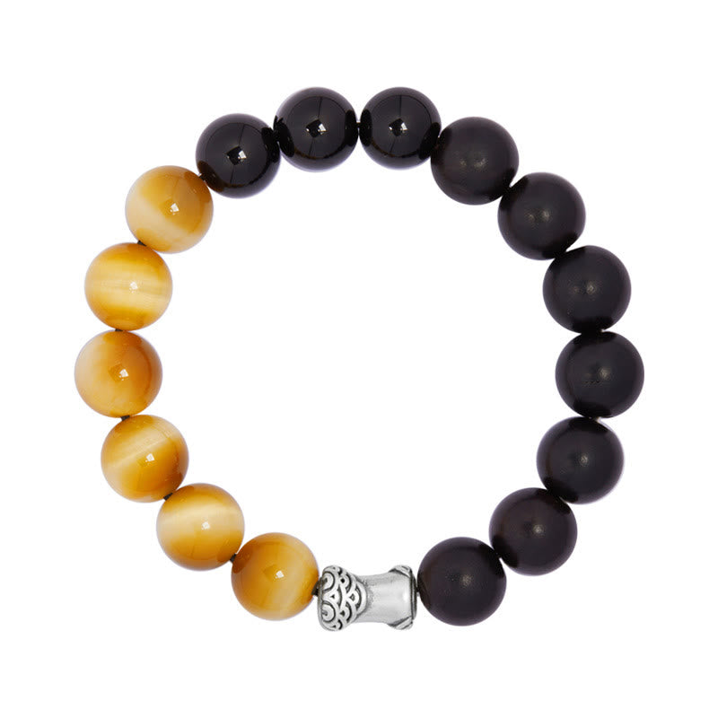 Buddha Stones 999 Sterling Silver Ebony Tiger Eye Black Obsidian Relax Bracelet