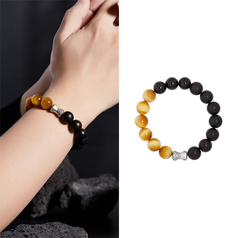 Buddha Stones 999 Sterling Silver Ebony Tiger Eye Black Obsidian Relax Bracelet