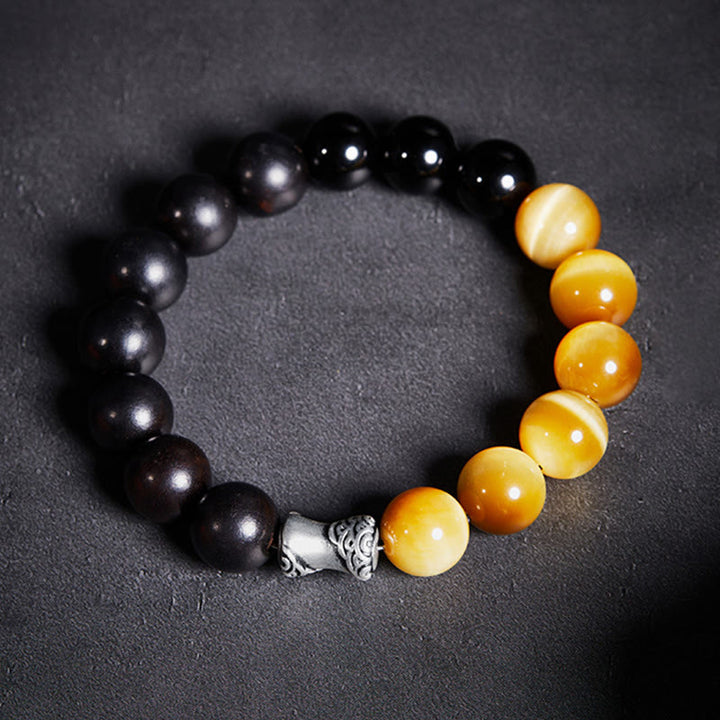 Buddha Stones 999 Sterling Silver Ebony Tiger Eye Black Obsidian Relax Bracelet