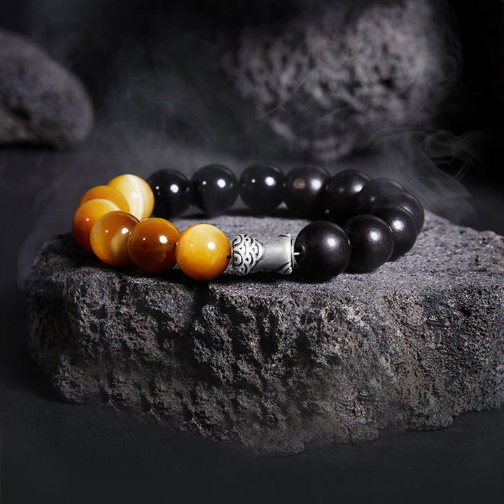 Buddha Stones 999 Sterling Silver Ebony Tiger Eye Black Obsidian Relax Bracelet - Ebony(Wrist Circumference:18-20cm) - image 0
