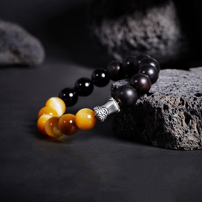 Buddha Stones 999 Sterling Silver Ebony Tiger Eye Black Obsidian Relax Bracelet