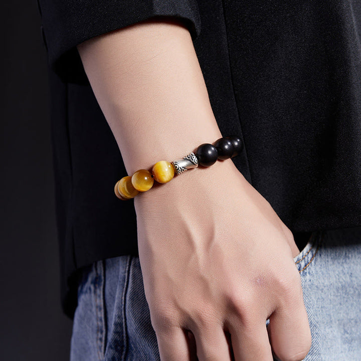 Buddha Stones 999 Sterling Silver Ebony Tiger Eye Black Obsidian Relax Bracelet