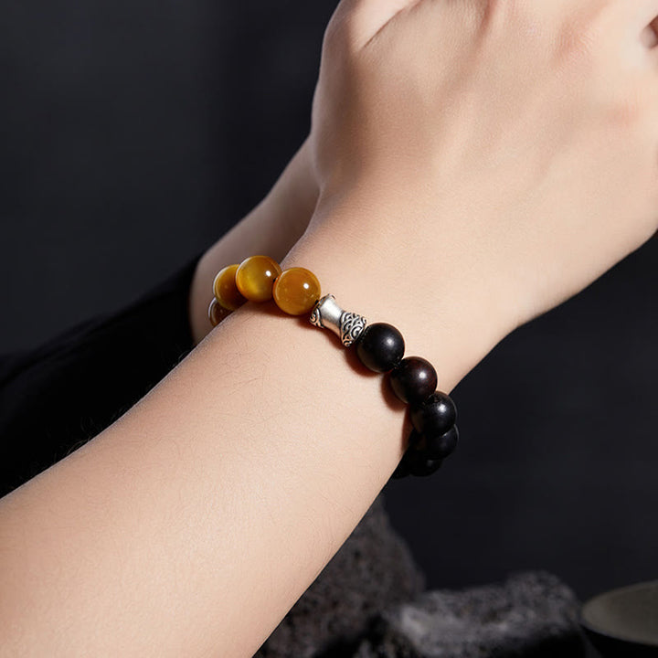 Buddha Stones 999 Sterling Silver Ebony Tiger Eye Black Obsidian Relax Bracelet