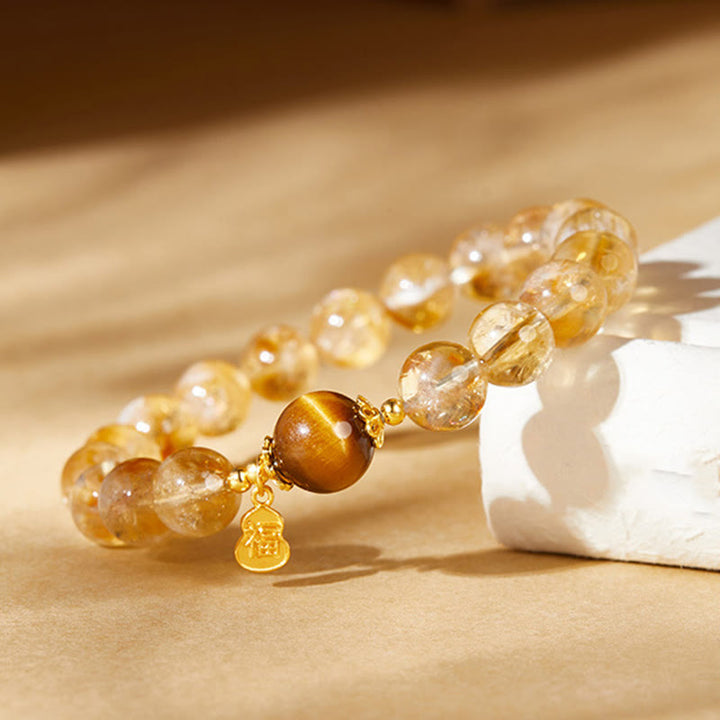 Buddha Stones 925 Sterling Silver Gourd Fu Character Citrine Tiger Eye Prosperity Bracelet