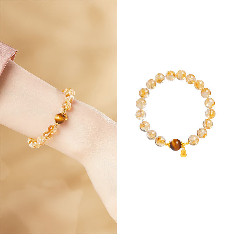 Buddha Stones 925 Sterling Silver Gourd Fu Character Citrine Tiger Eye Prosperity Bracelet