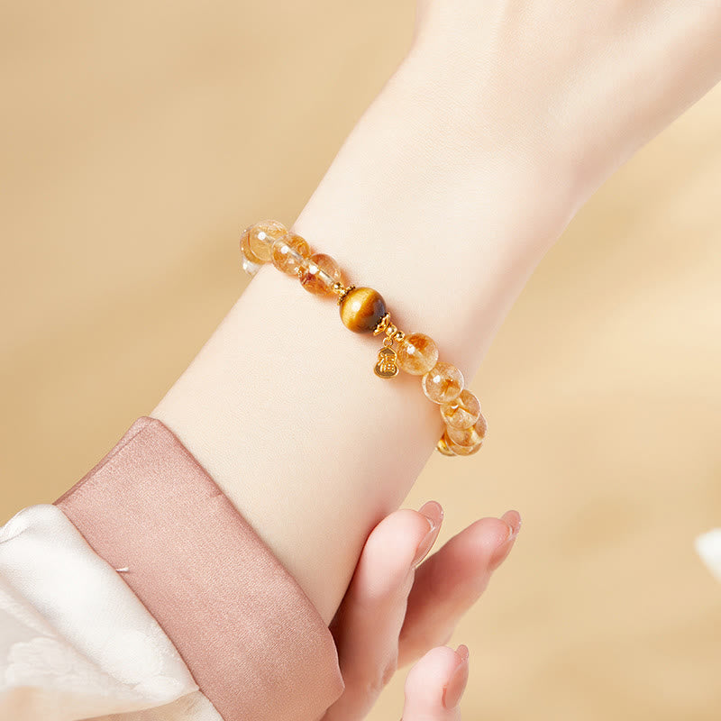Buddha Stones 925 Sterling Silver Gourd Fu Character Citrine Tiger Eye Prosperity Bracelet