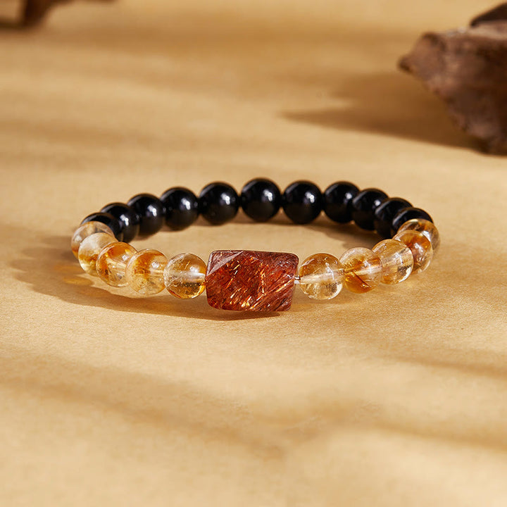 Buddha Stones Natural Black Obsidian Citrine Super Seven Crystal Strength Bracelet