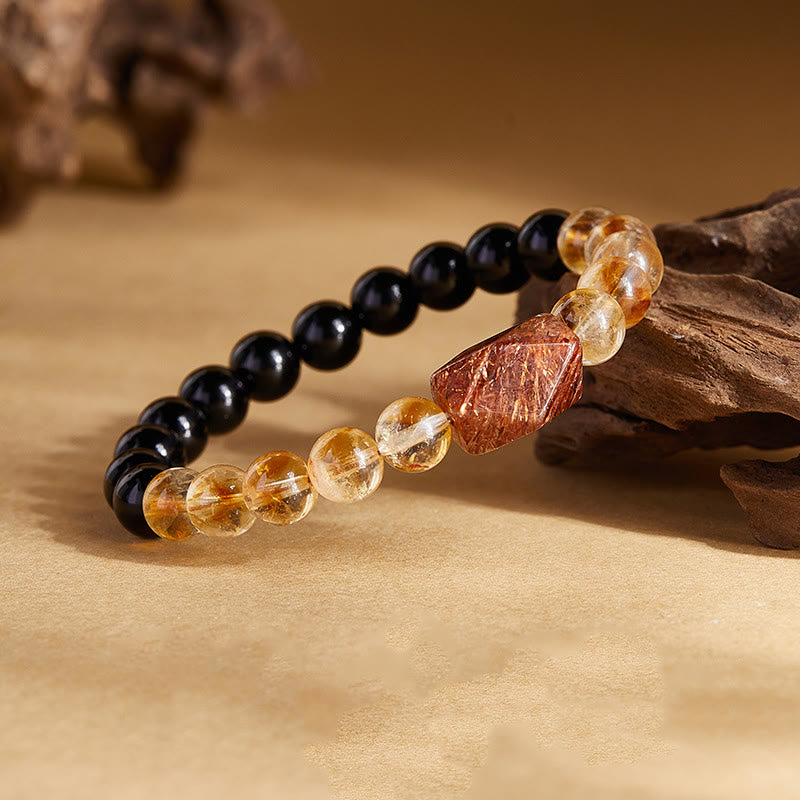 Buddha Stones Natural Black Obsidian Citrine Super Seven Crystal Strength Bracelet