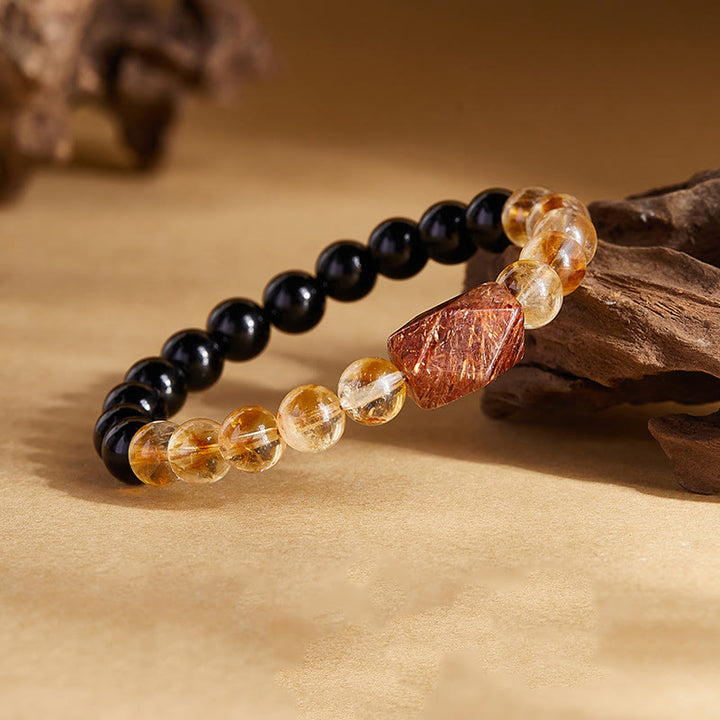 Buddha Stones Natural Black Obsidian Citrine Super Seven Crystal Strength Bracelet