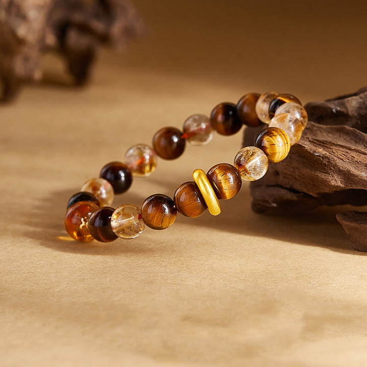 Buddha Stones 999 Sterling Silver Natural Citrine Tiger Eye Peace Buckle Protection Bracelet