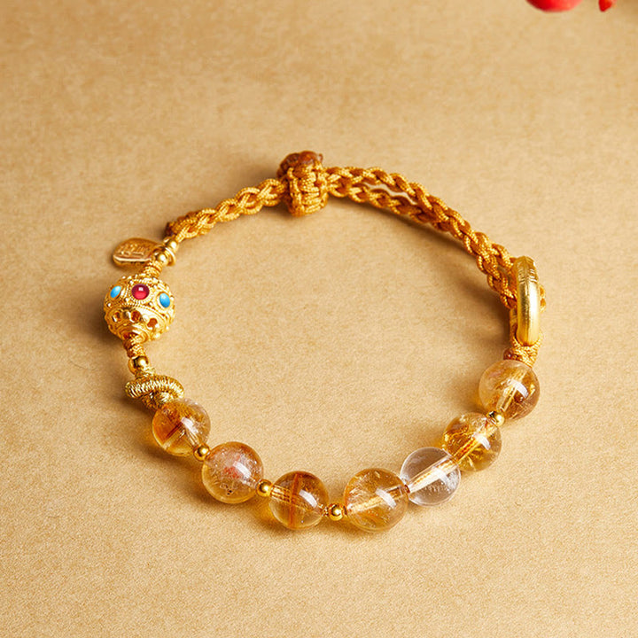 Buddha Stones 925 Sterling Silver Natural Citrine White Crystal Peace Buckle Meaning Fu Character Protection Braided String Bracelet