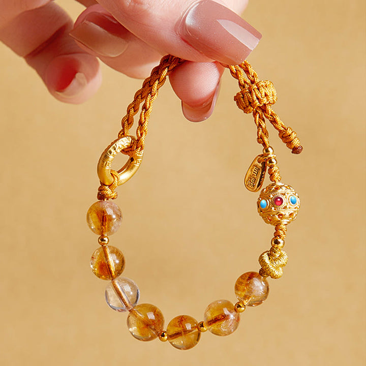 Buddha Stones 925 Sterling Silver Natural Citrine White Crystal Peace Buckle Meaning Fu Character Protection Braided String Bracelet