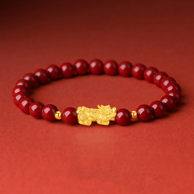 Buddha Stones 999 Gold 5D Hard Gold Cinnabar PiXiu Calm Bracelet - Cinnabar(Wrist Circumference:15-17cm) - image 0