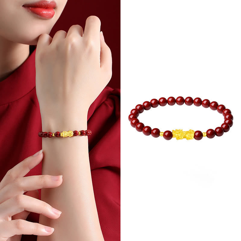 Buddha Stones 999 Gold 5D Hard Gold Cinnabar PiXiu Calm Bracelet