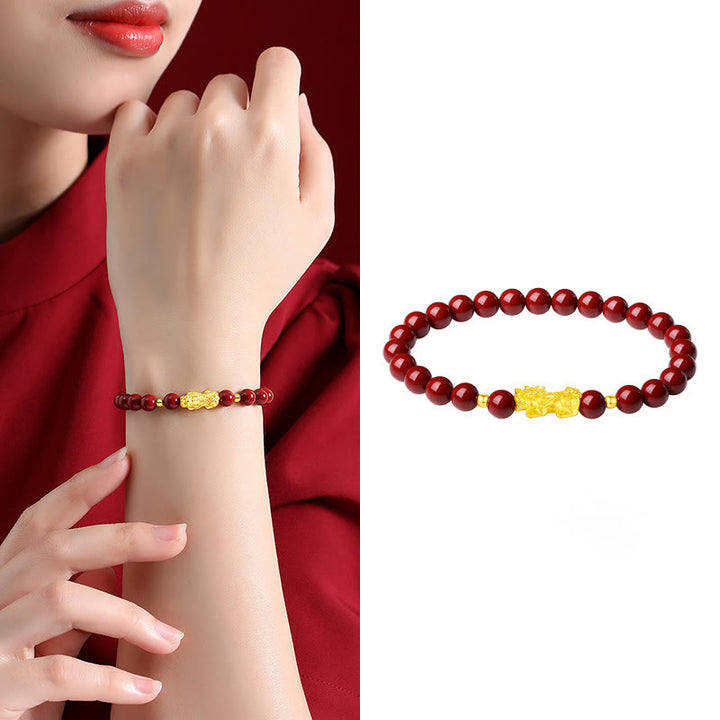 Buddha Stones 999 Gold 5D Hard Gold Cinnabar PiXiu Calm Bracelet