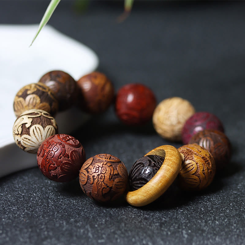 Buddha Stones Carving Sandalwood Chinese Zodiac Auspicious Dragon Phoenix Fu Character Healing Bracelet